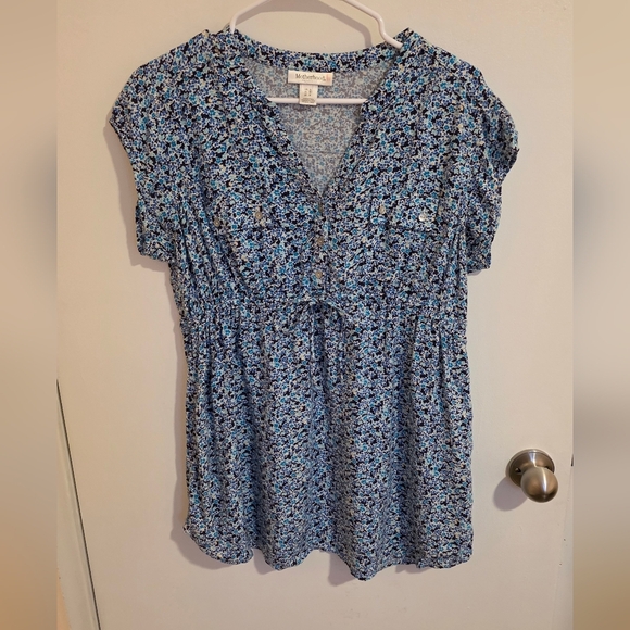 Motherhood Maternity Blouse Large Blue Floral Short Sleeve Top Waist Tie Pockets - Picture 1 of 8